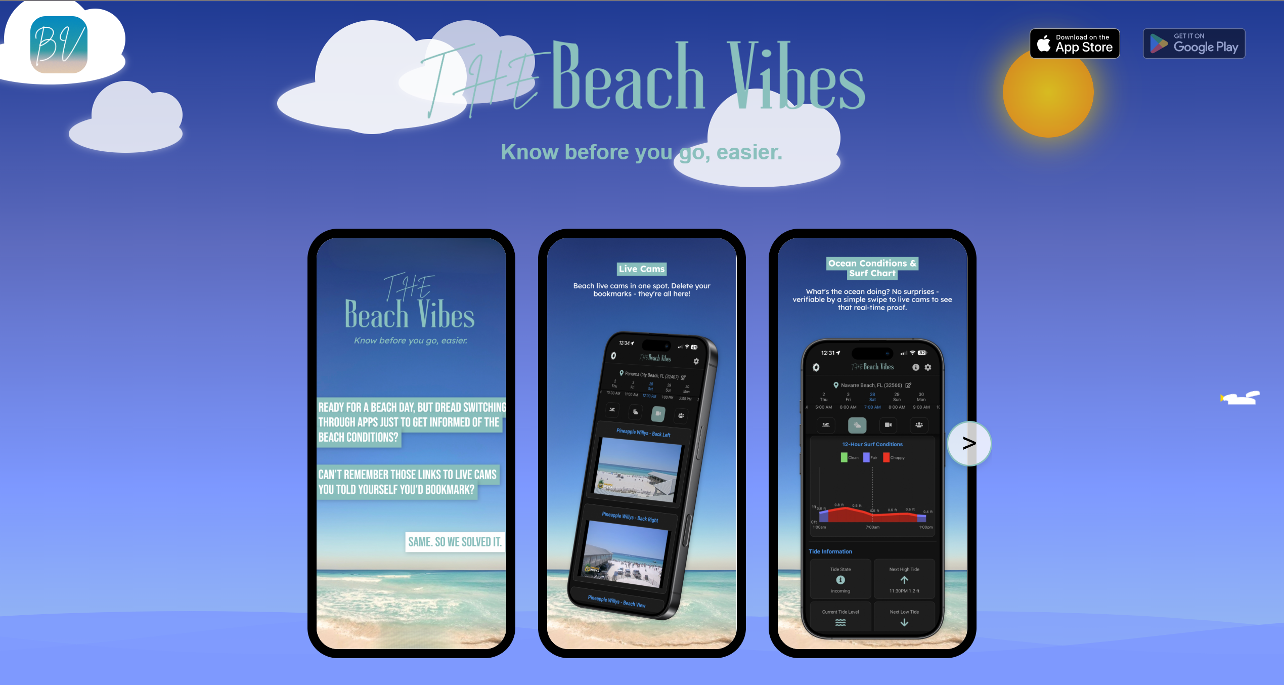 The Beach Vibes app on three phones against a beach sky